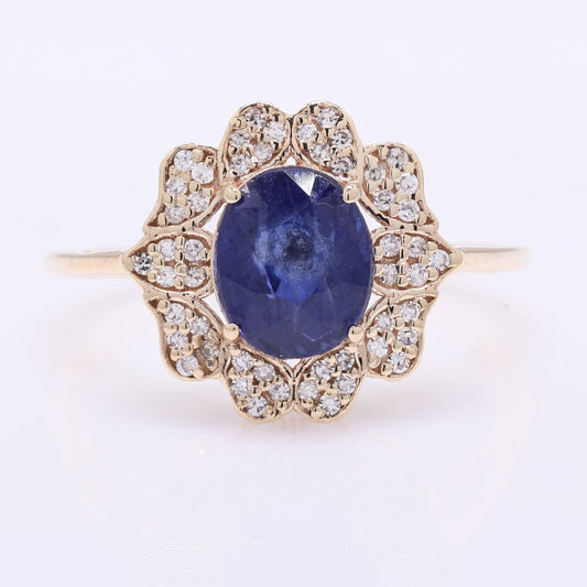 2.35 Ct Oval Mixed Cut Natural Sapphire 14K Gold Ring