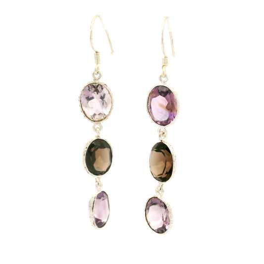 10.30 Ct Smoky Quartz, Amethyst 925 Sterling Silver Earrings