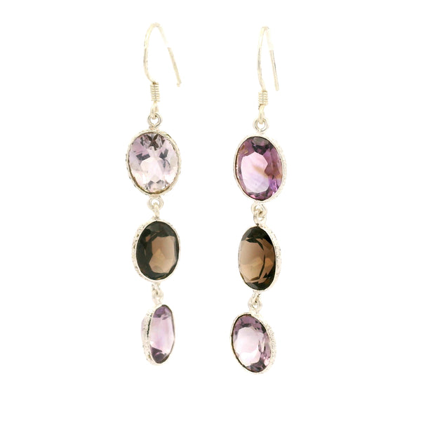 10.30 Ct Smoky Quartz, Amethyst 925 Sterling Silver Earrings