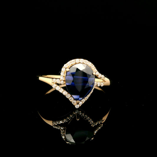 1.54 Ct Pear Mixed Cut Lab Grown Sapphire 14K Gold Ring