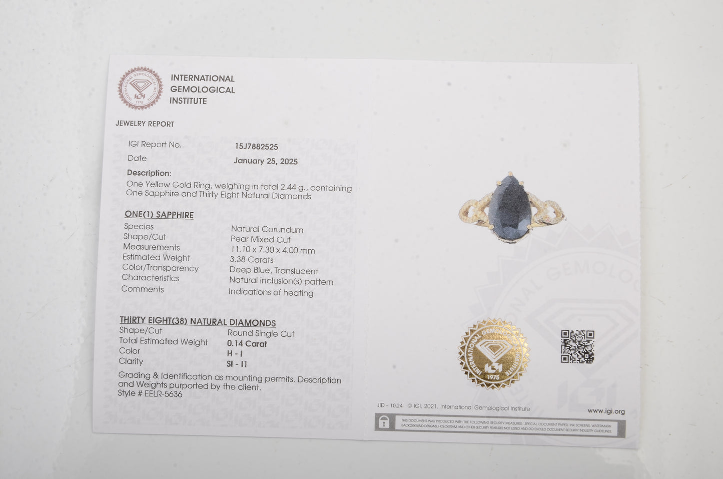 3.52 Carats Natrual Corundum Sapphire 14K Gold Ring