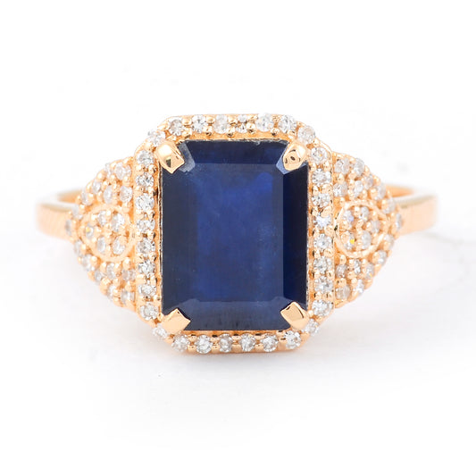 3.36 Ct Octagon Step Cut Natural Sapphire 14K Gold Ring