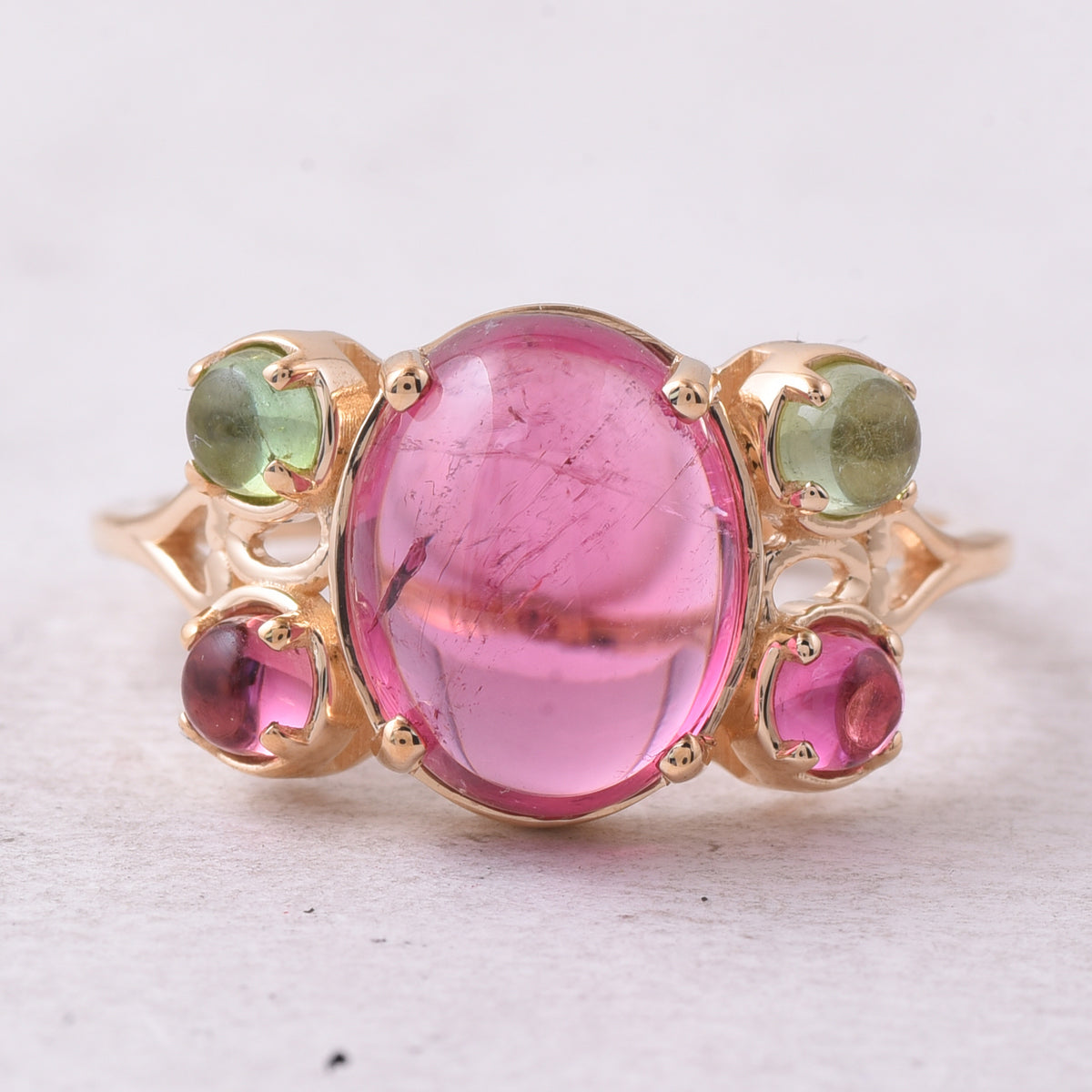 4.32 Ct Oval Cabochon Cut, Round Cabochon Cut Natural Multi-Coloured Tourmaline 14K Gold Ring