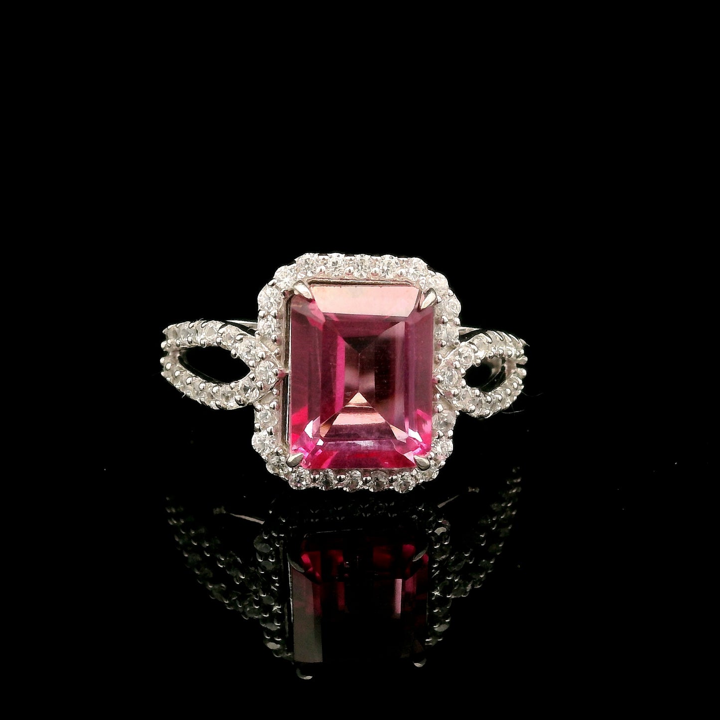 3.34 Ct Octagon Pink Topaz, White Zircon 925 Sterling Silver Ring
