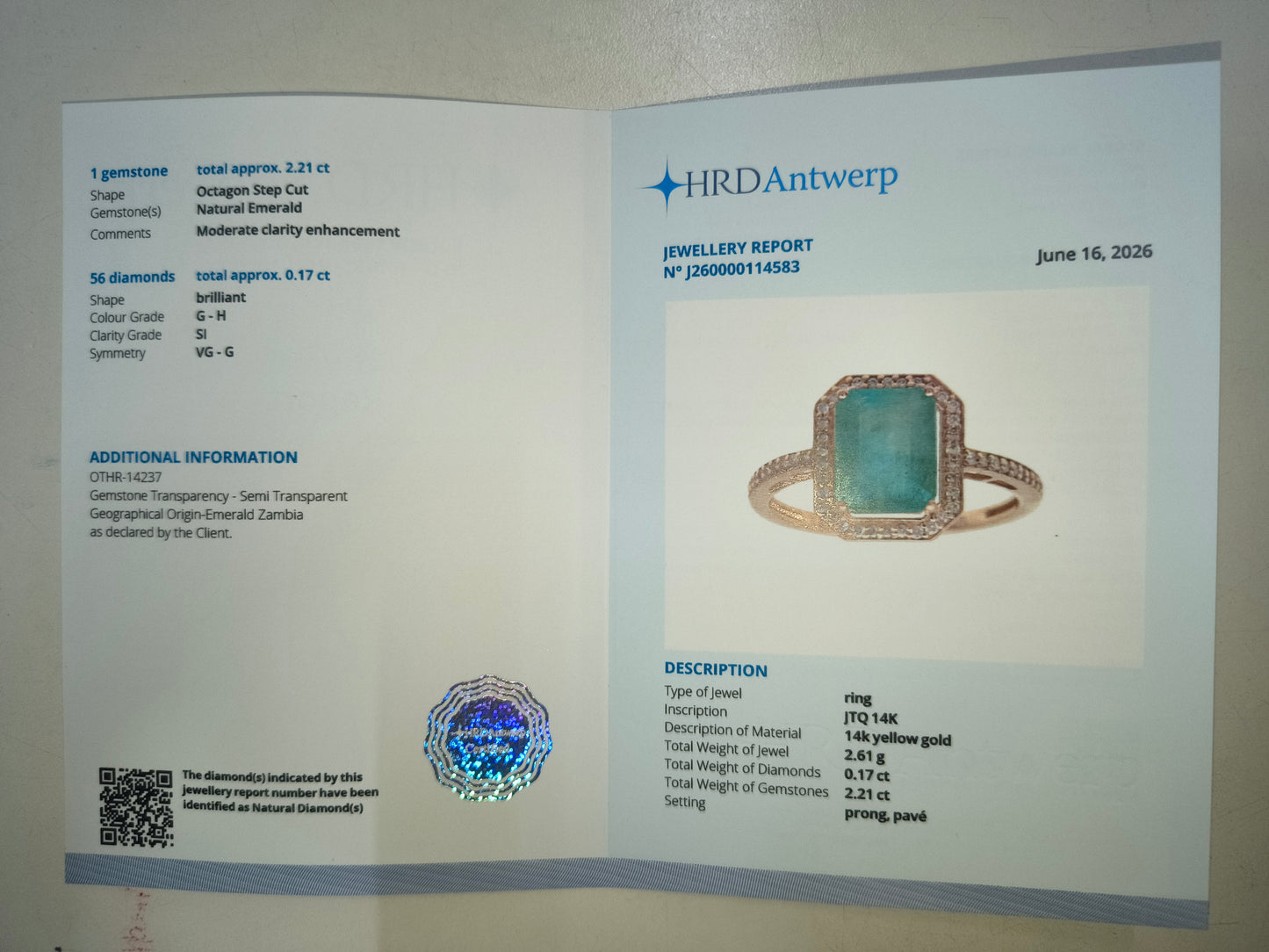 2.38 Ct Octagon Step Cut Natural Emerald 14K Gold Ring