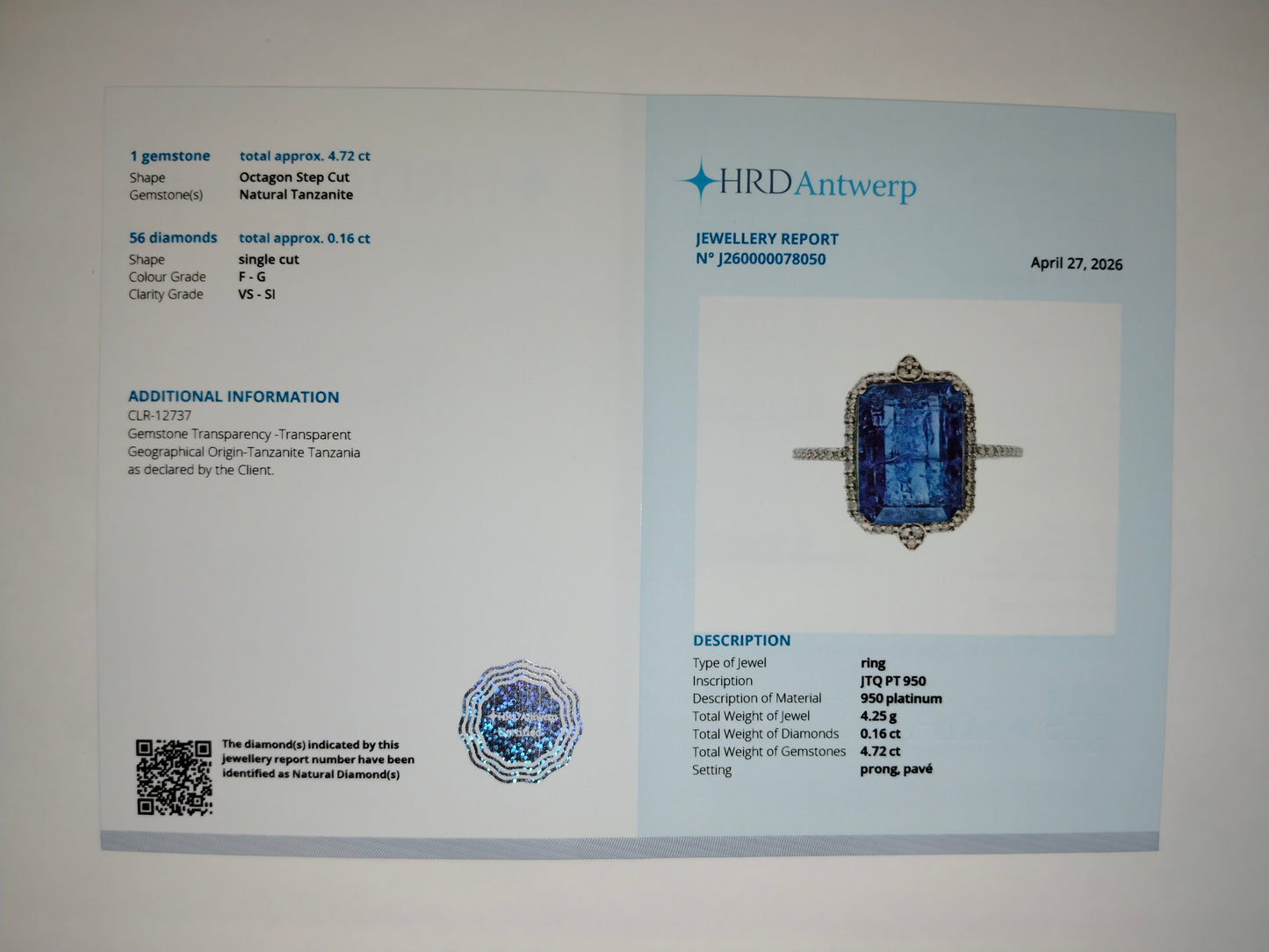 4.88 Ct Octagon Step Cut Natural Tanzanite 950 Platinum Ring