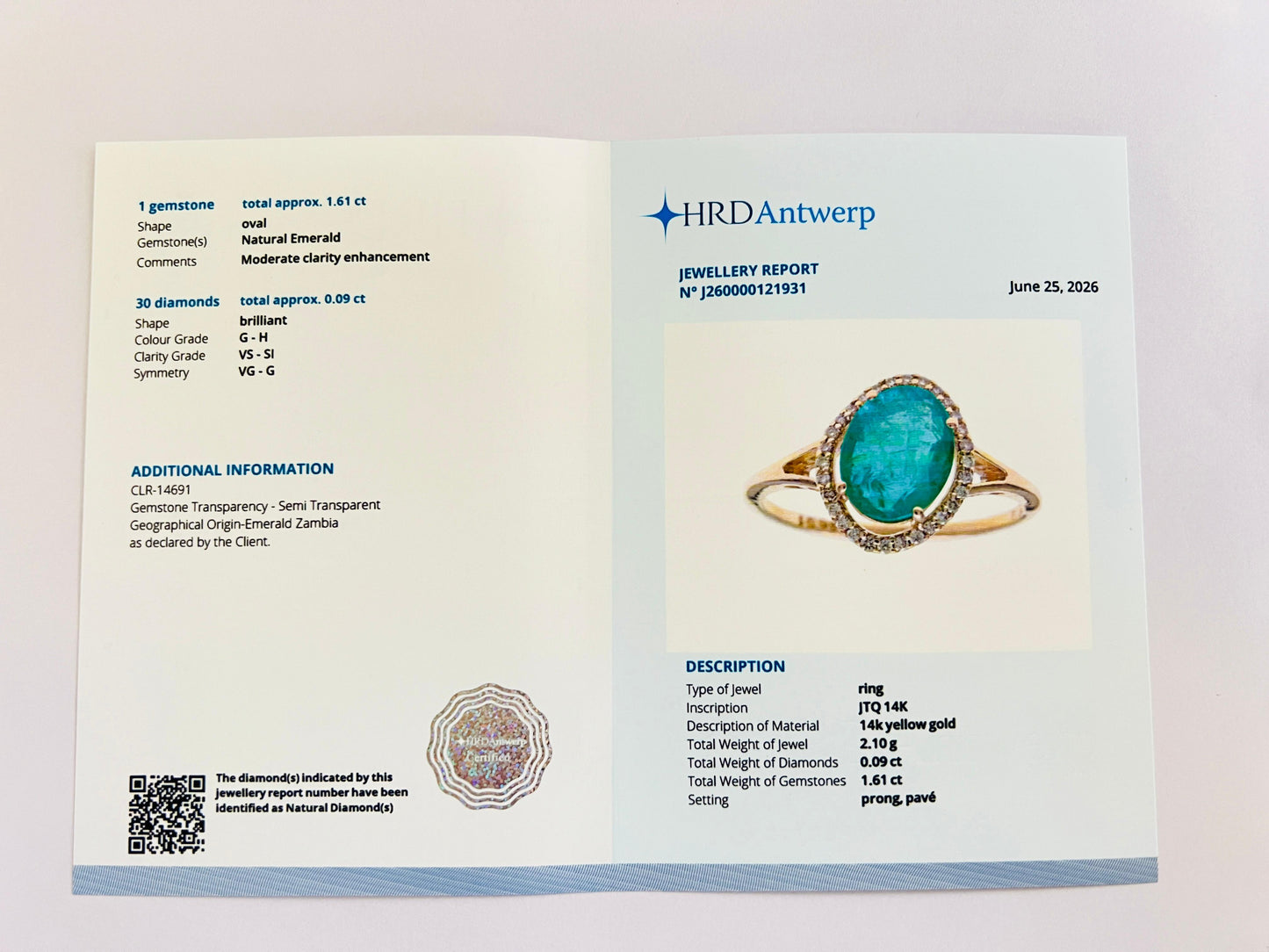 1.70 Ct Oval Natural Emerald 14K Gold Ring