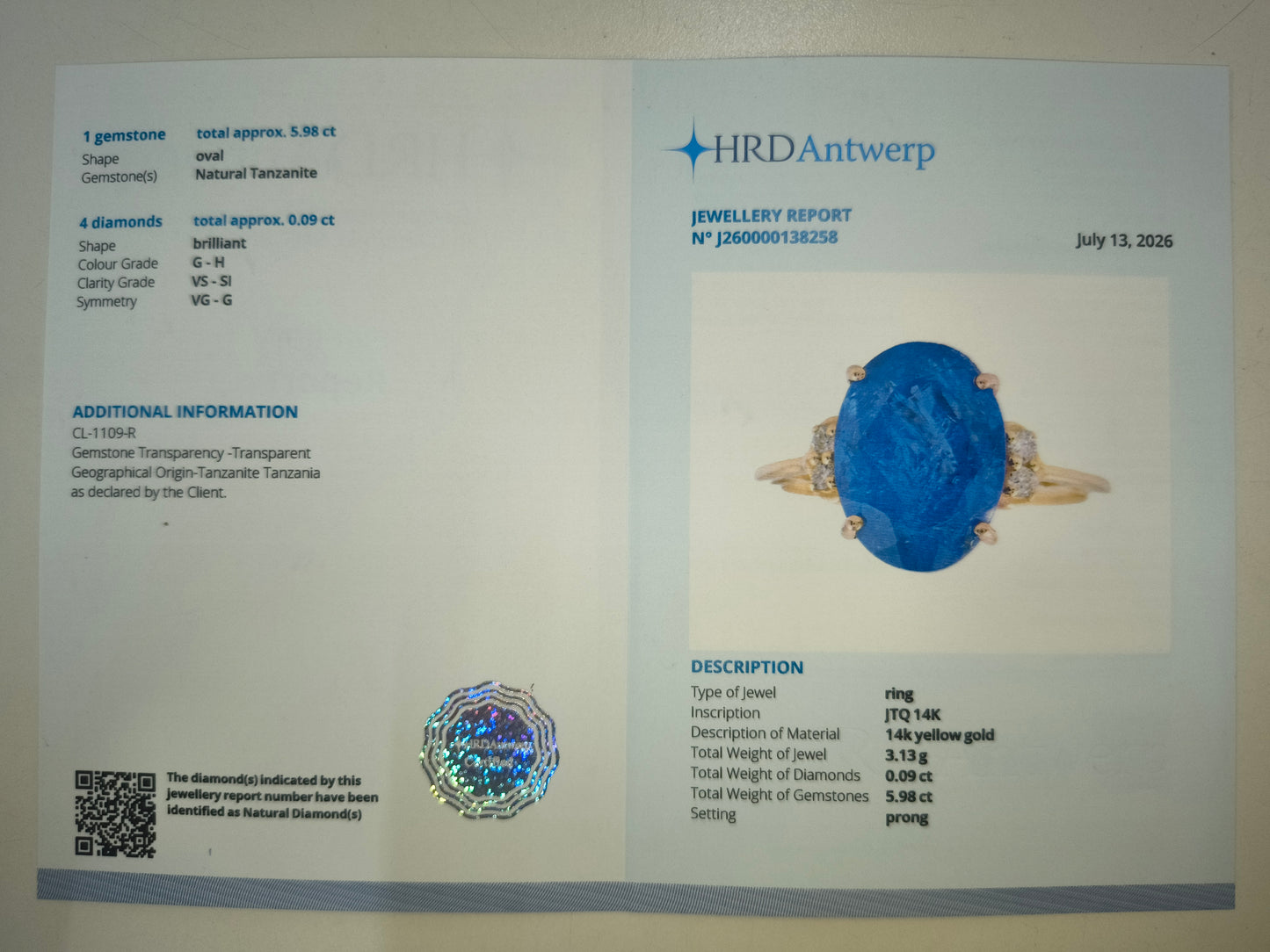 6.07 Ct Oval Natural Tanzanite 14K Gold Ring