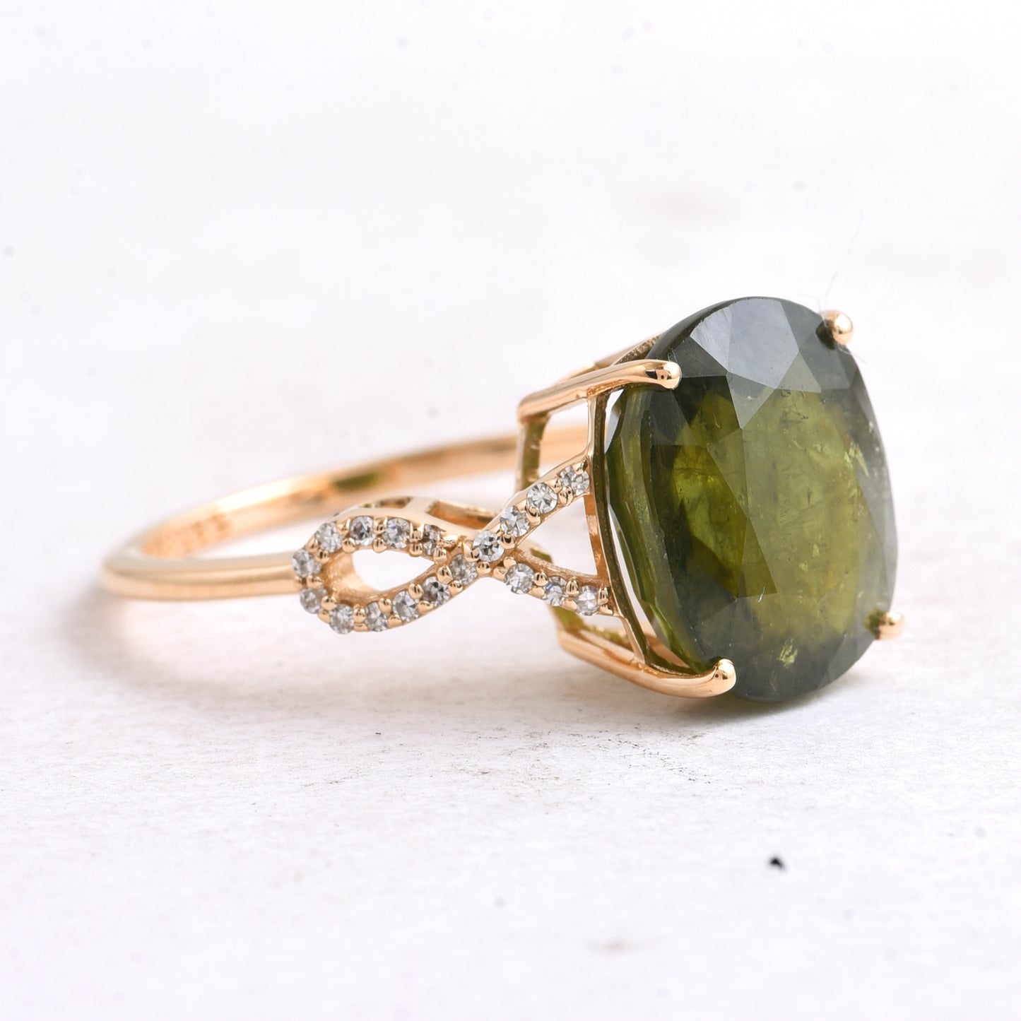 7.21 Ct Cushion Mixed Cut Natural Green Sapphire 14K Gold Ring