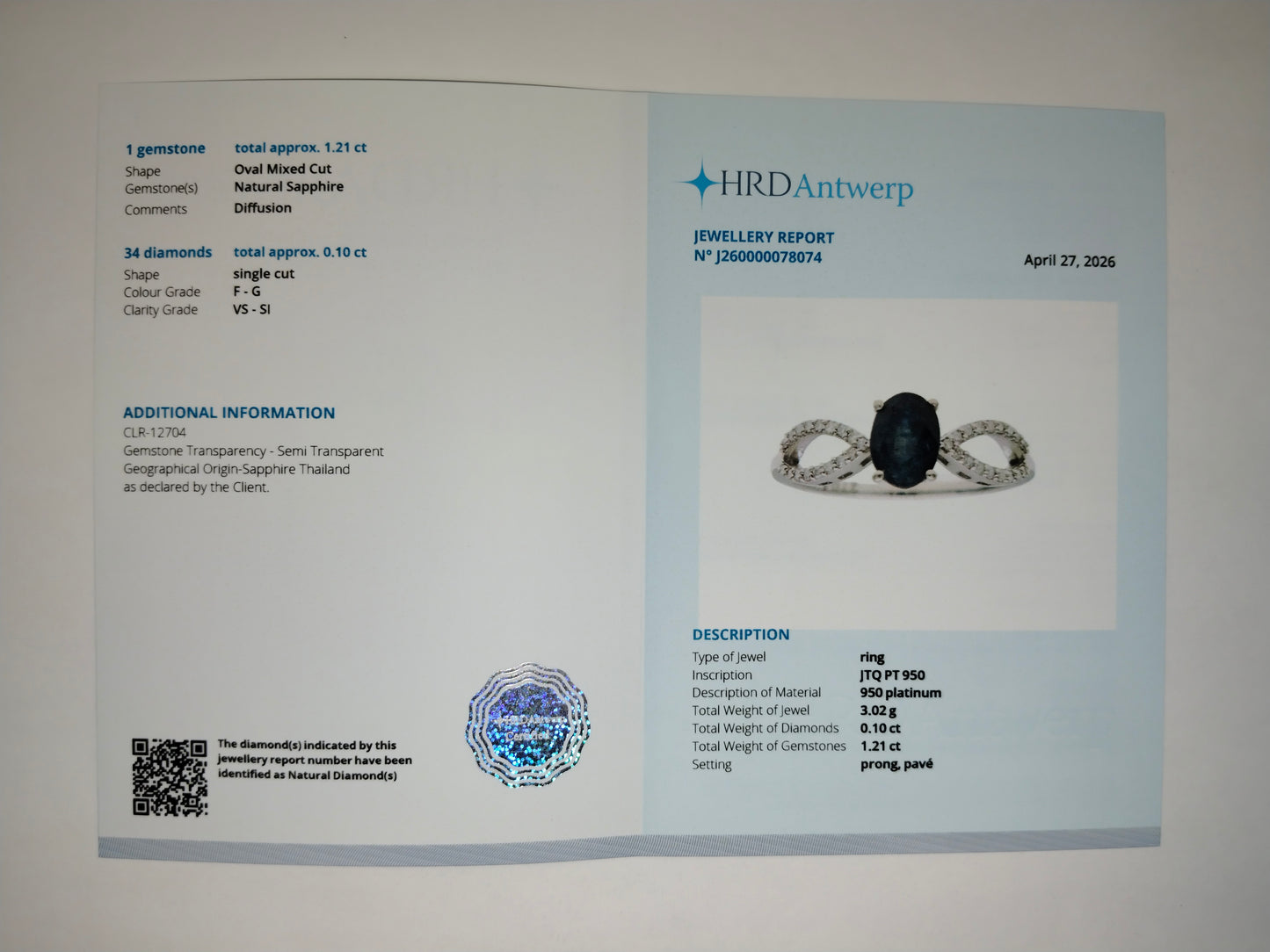 1.31 Ct Oval Mixed Cut Natural Sapphire 950 Platinum Ring