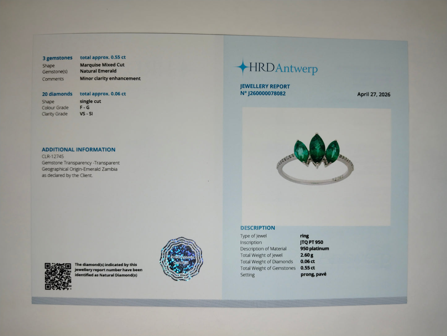 1.21 Ct Marquise Mixed Cut Natural Emerald 950 Platinum Ring