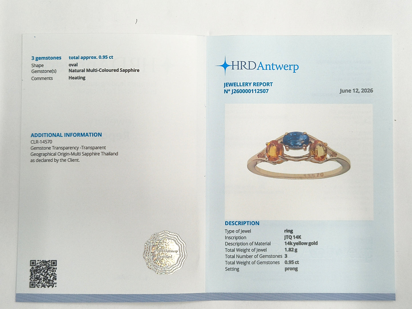 0.95 Ct Oval Natural Multi-Coloured Sapphire 14K Gold Ring