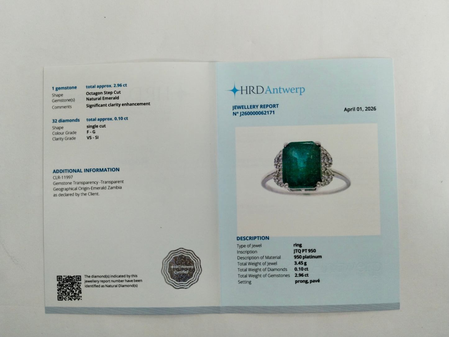 3.06 Ct Octagon Step Cut Natural Emerald 950 Platinum Ring
