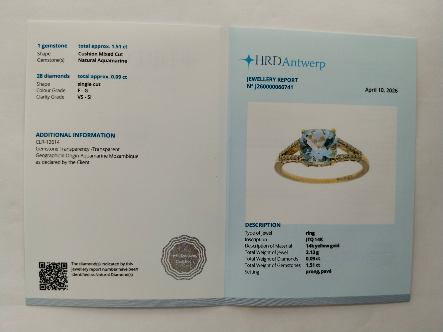 1.60 Ct Cushion Mixed Cut Natural Aquamarine 14K Gold Ring