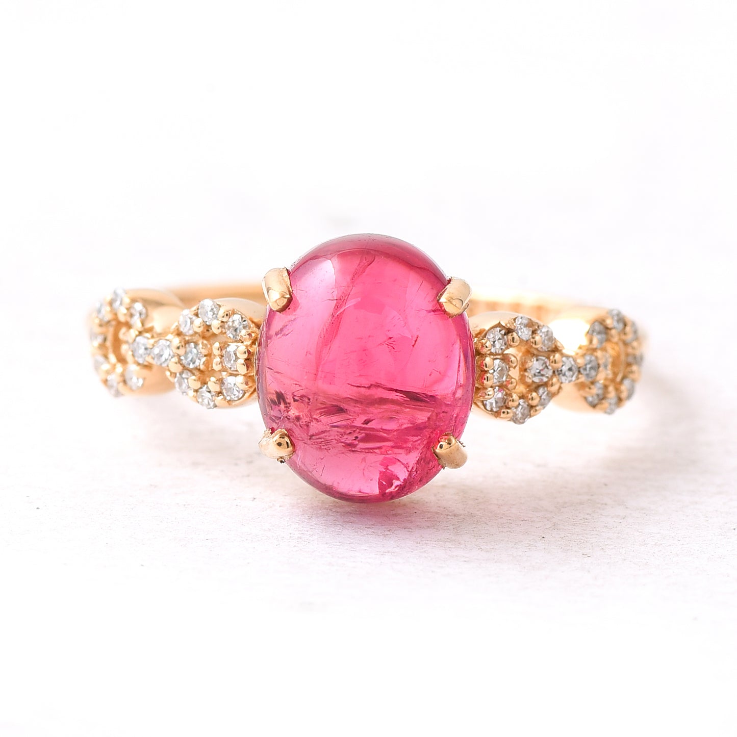 3.42 Ct Oval Cabochon Cut Natural Pink Tourmaline 14K Gold Ring