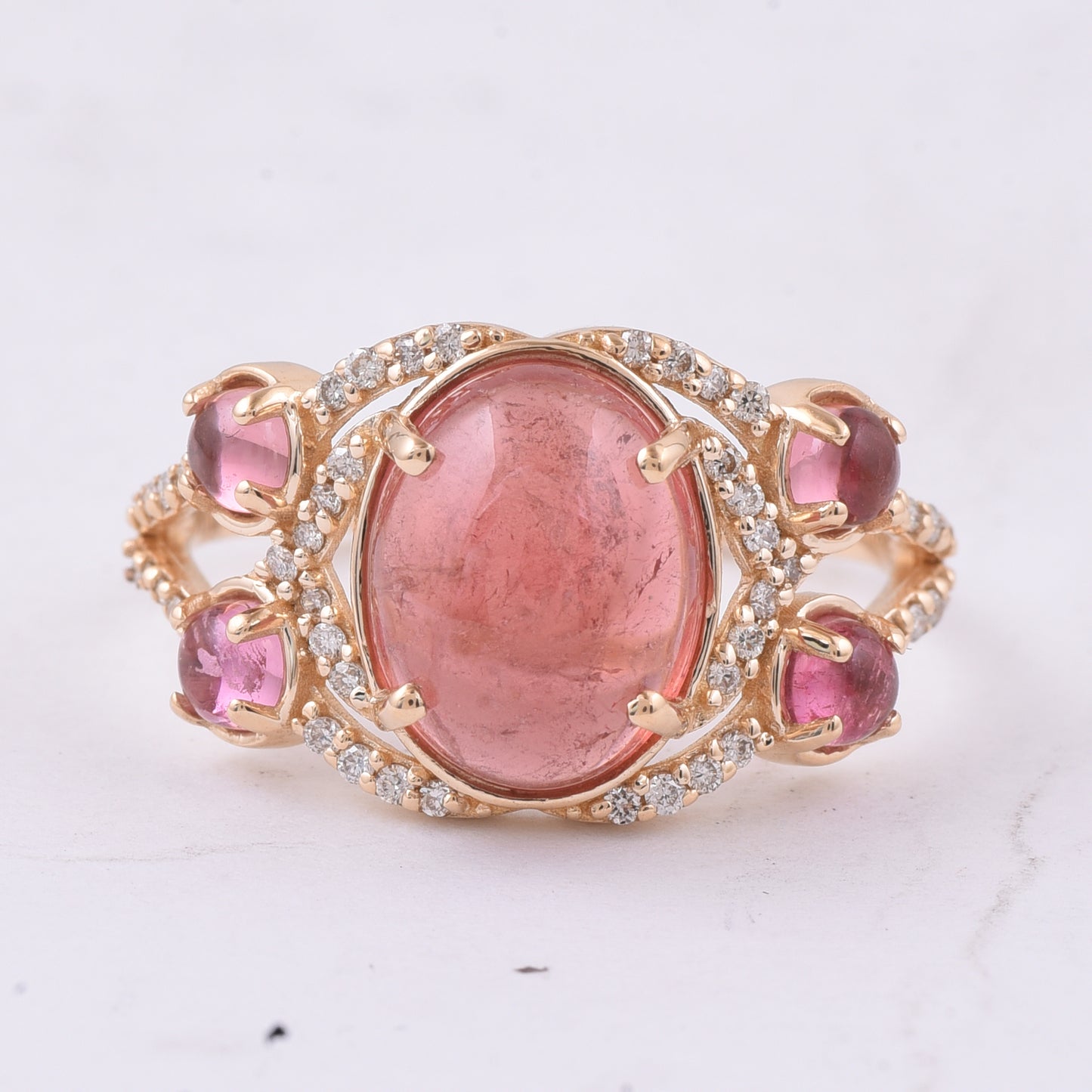 4.22 Ct Oval Cabochon Cut, Round Cabochon Cut Natural Pink Tourmaline 14K Gold Ring