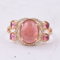 4.22 Ct Oval Cabochon Cut, Round Cabochon Cut Natural Pink Tourmaline 14K Gold Ring