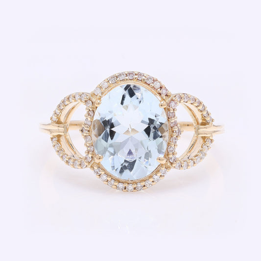 2.32 Ct Oval Mixed Cut Natural Beryl Aquamarine 14K Gold Ring