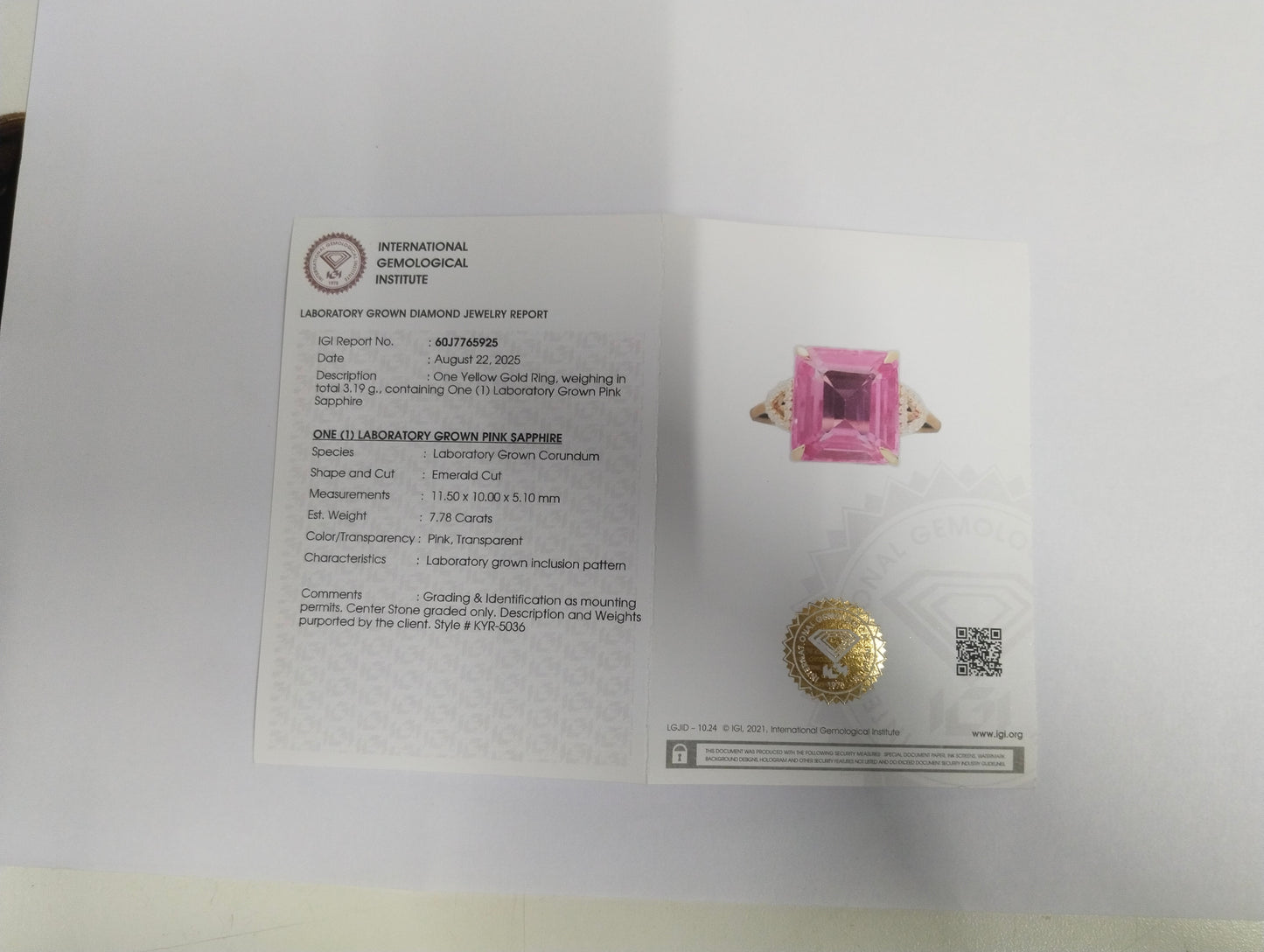 7.87 Ct Emerald Cut Lab Grown Pink Sapphire 14K Gold Ring