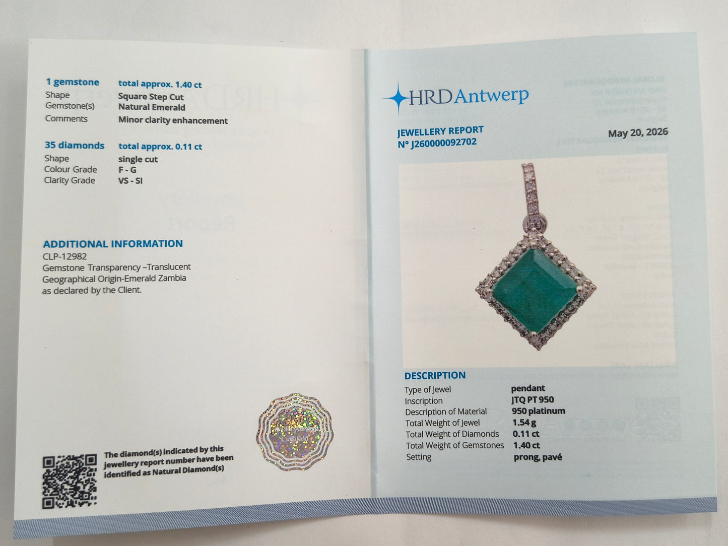 1.51 Ct Square Step Cut Natural Emerald 950 Platinum Pendant