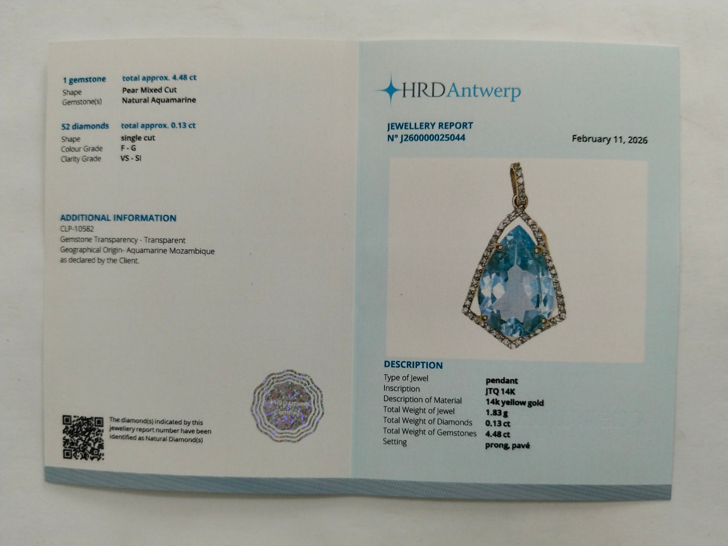 4.61 Ct Pear Mixed Cut Natural Aquamarine 14K Gold Pendant