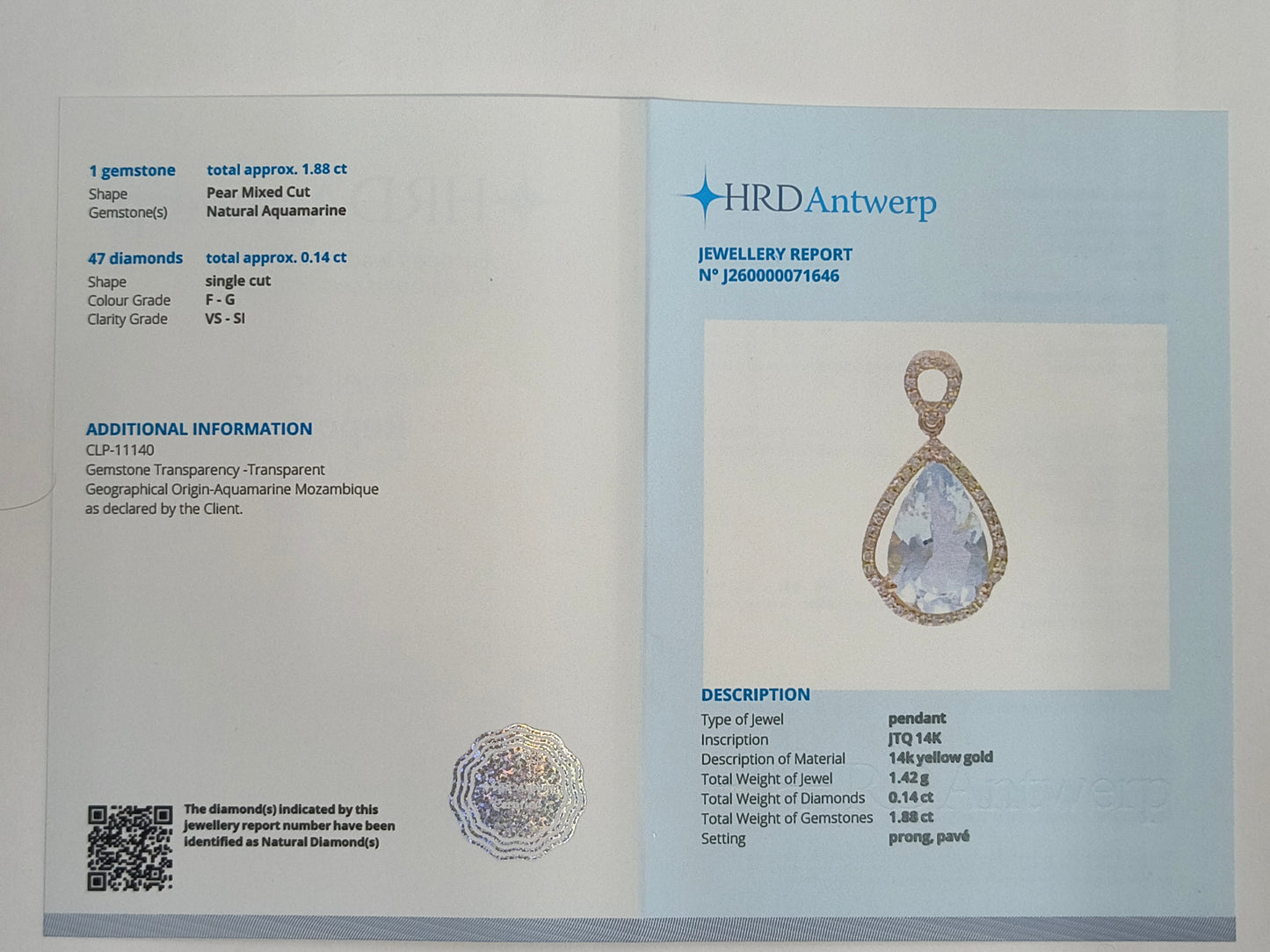 2.02 Ct Pear Mixed Cut Natural Aquamarine 14K Gold Pendant