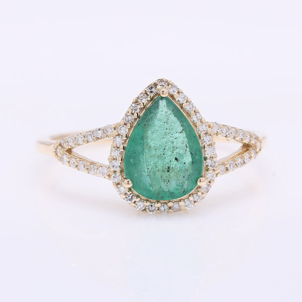 1.48 Ct Pear Mixed Cut Natural Emerald 14K Gold Ring
