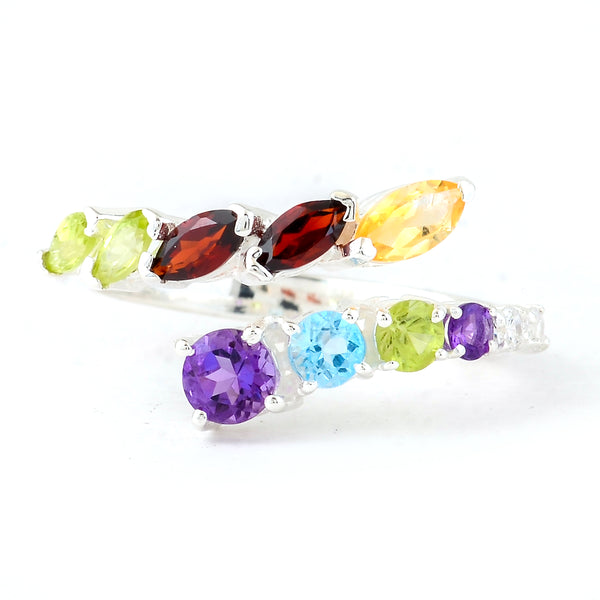 1.59 Ct Round Amethyst, Blue Topaz, Peridot, Cubic Zirconia, Citrine, Garnet 925 Sterling Silver Ring