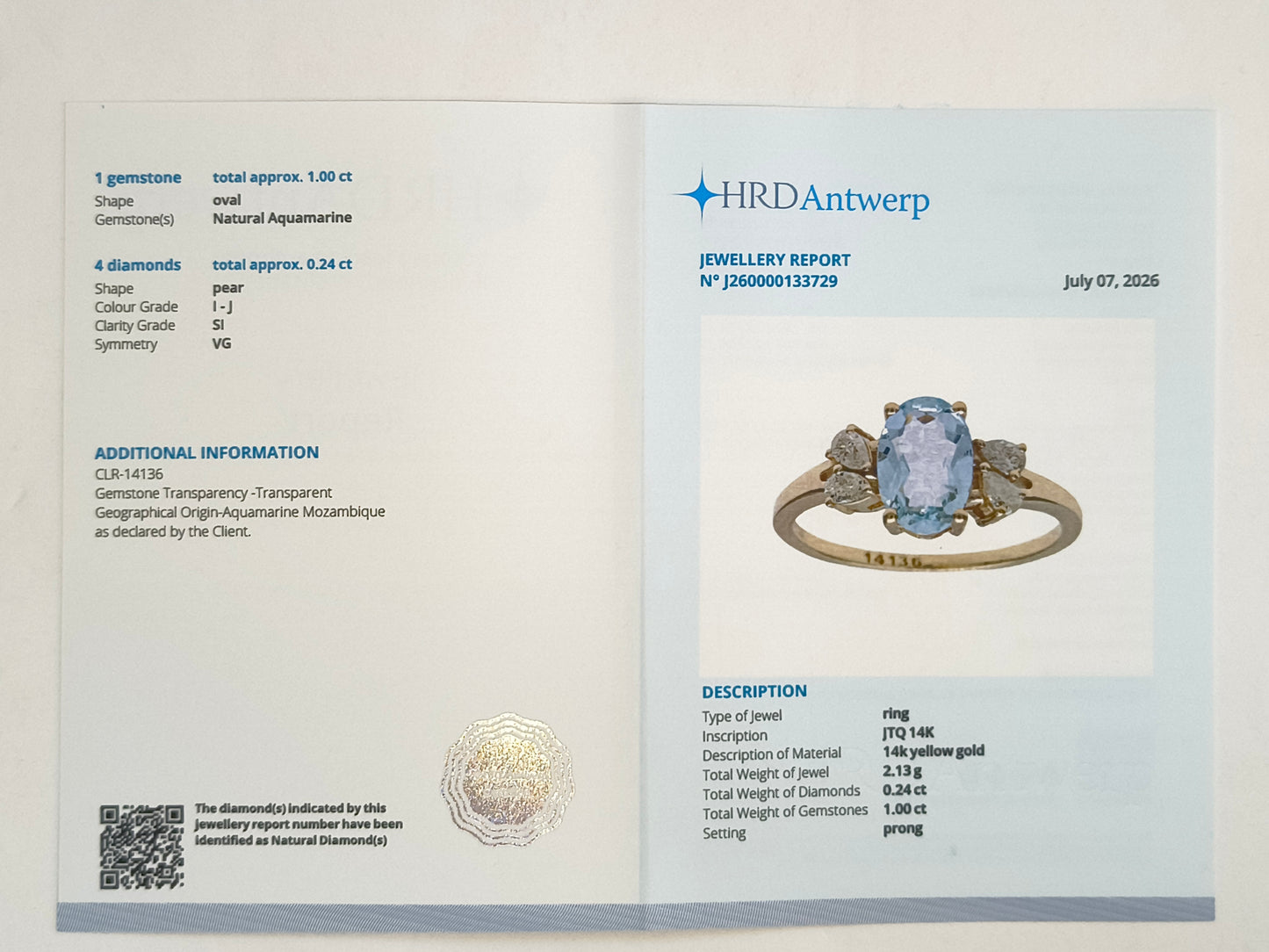 1.24 Ct Oval Natural Aquamarine 14K Gold Ring