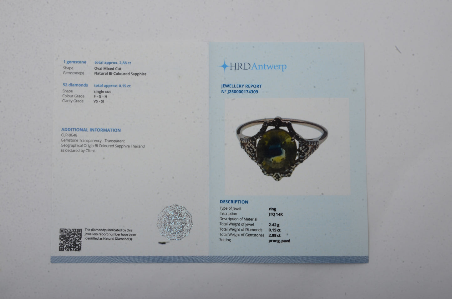 3.03 Ct Oval Mixed Cut Natural Bi Coloured Sapphire 14K Gold Ring