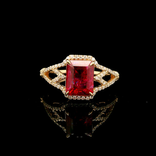 3.79 Ct Emerald Cut Lab Grown Ruby 14K Gold Ring