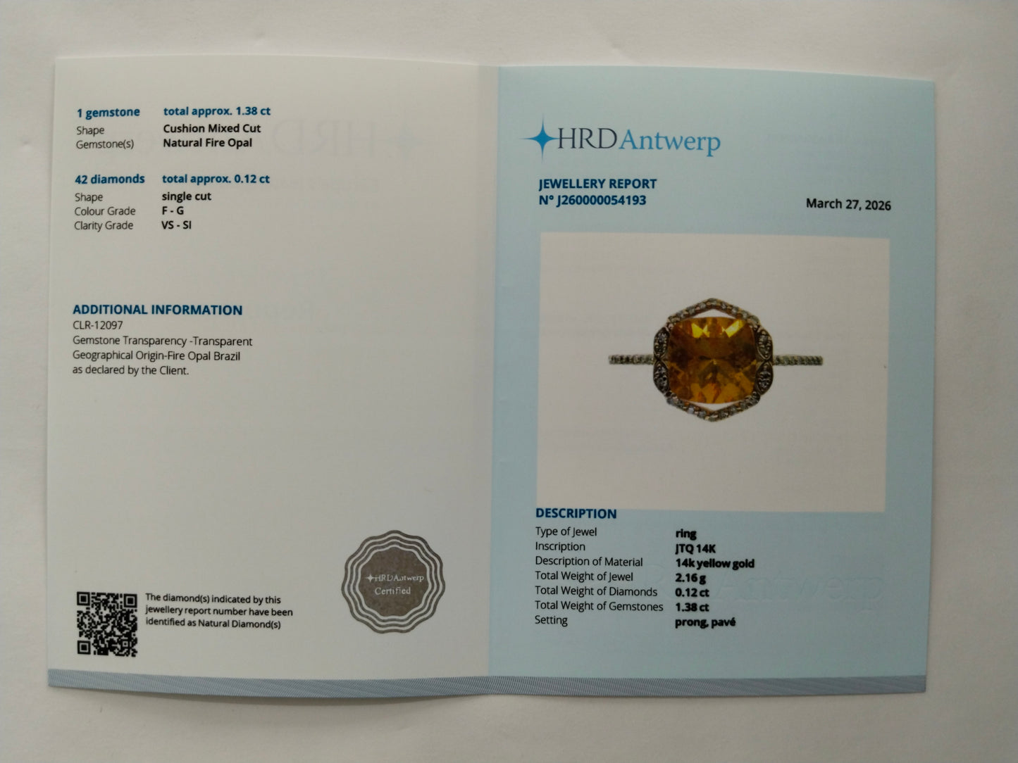 1.50 Ct Cushion Mixed Cut Natural Fire Opal 14K Gold Ring