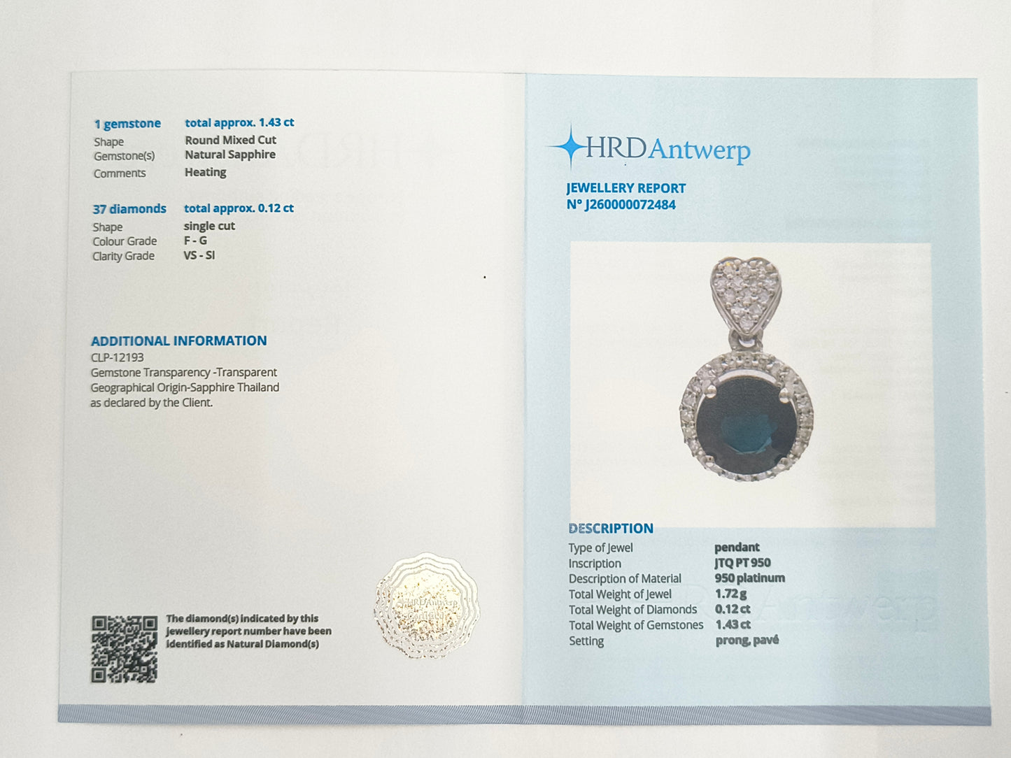 1.55 Ct Round Mixed Cut Natural Sapphire 950 Platinum Pendant