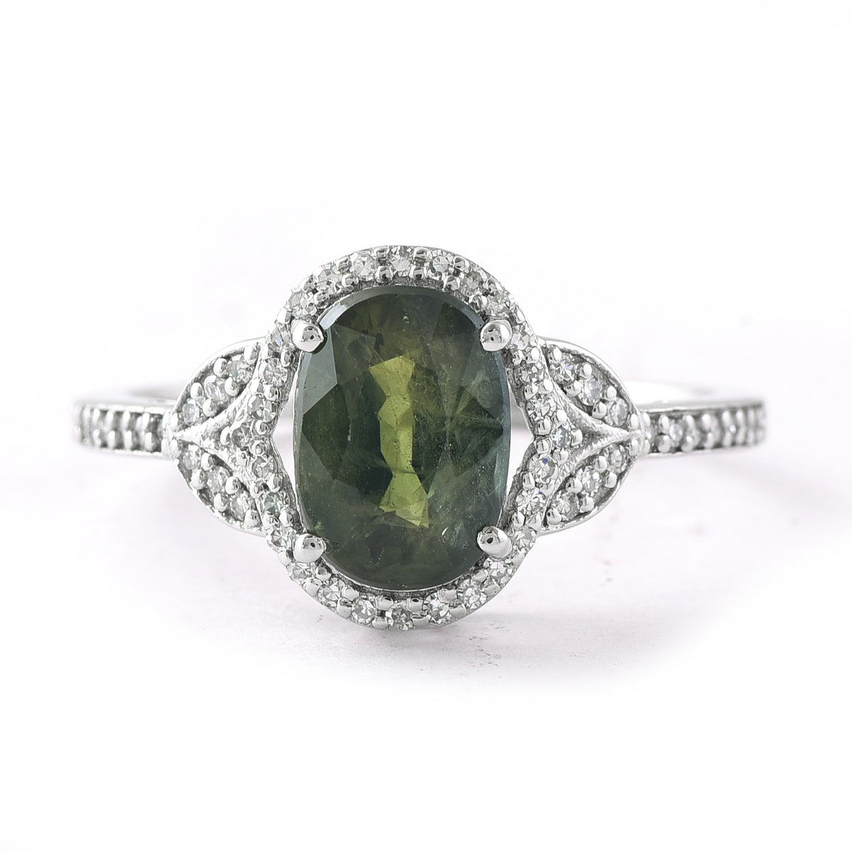 2.42 Ct Oval Mixed Cut Natural Green Sapphire 950 Platinum Ring