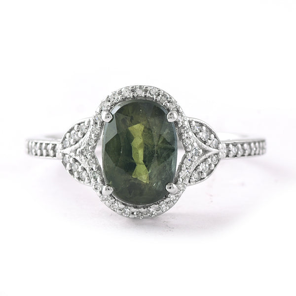 2.42 Ct Oval Mixed Cut Natural Green Sapphire 950 Platinum Ring