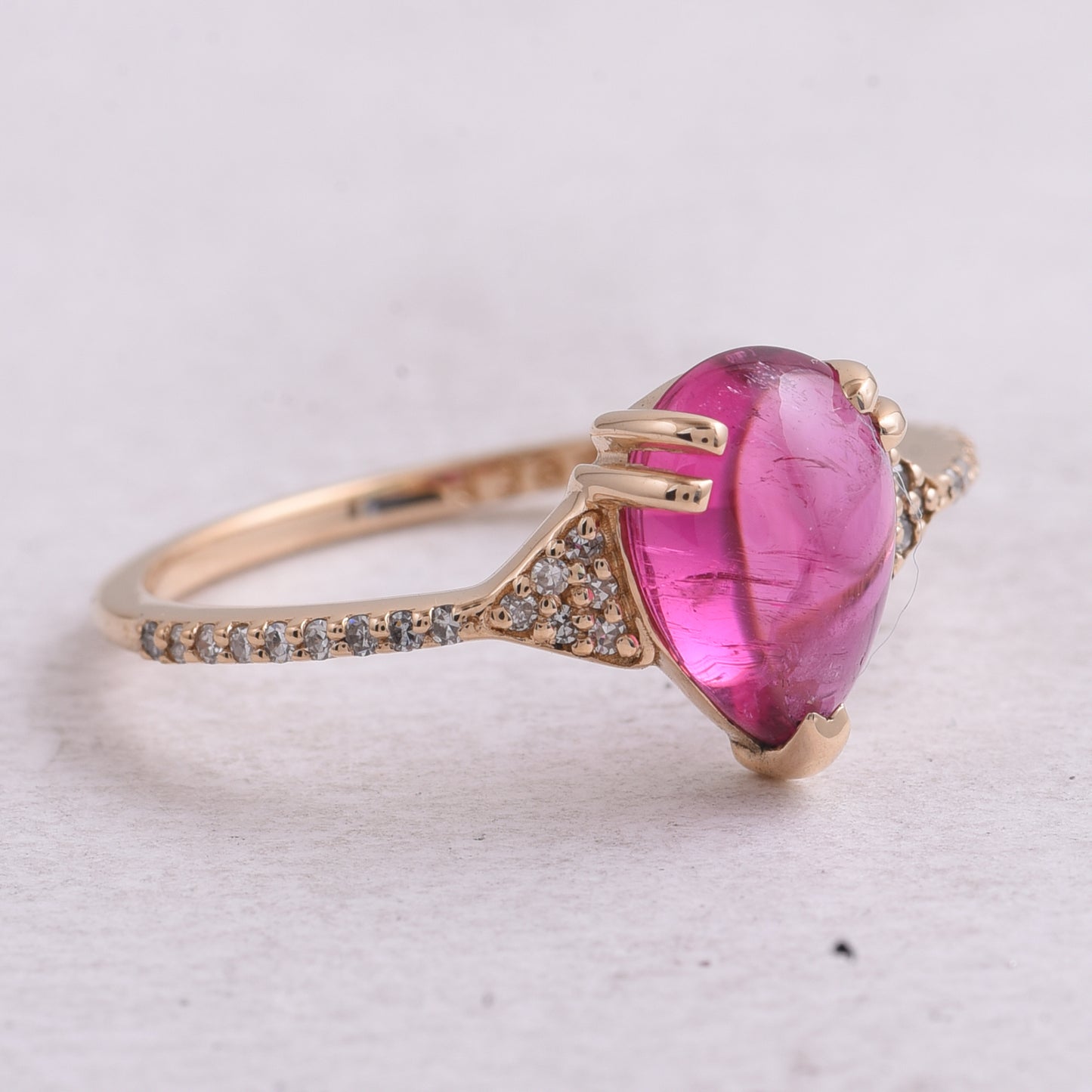 1.67 Ct Pear Cabochon Natural Pink Tourmaline 14K Gold Ring
