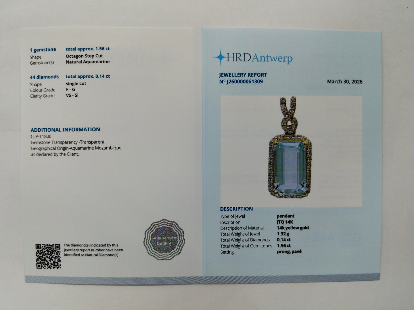 1.70 Ct Octagon Step Cut Natural Aquamarine 14K Gold Pendant