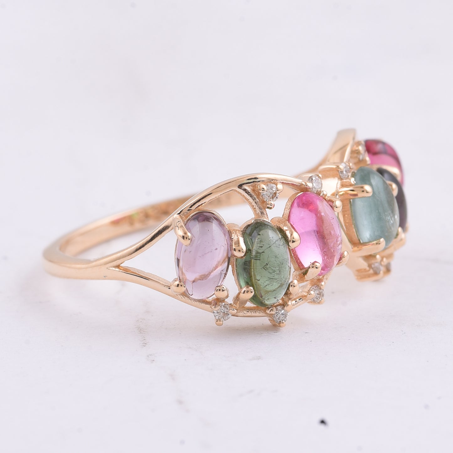 1.76 Ct Oval Cabochon Cut Natural Multi Coloured Tourmaline 14K Gold Ring