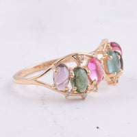 1.76 Ct Oval Cabochon Cut Natural Multi Coloured Tourmaline 14K Gold Ring