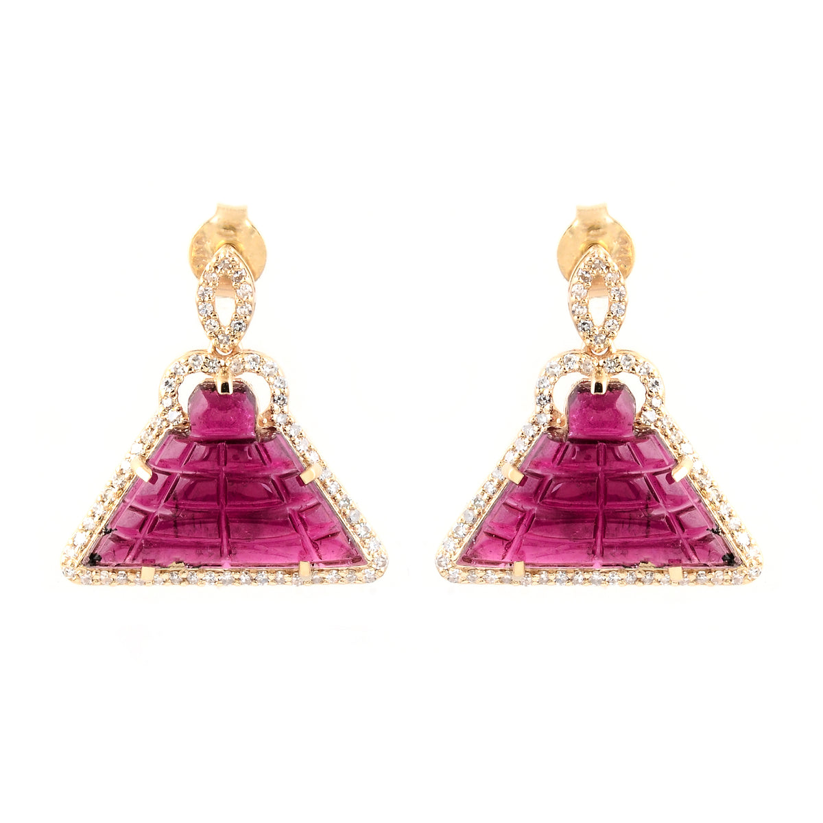 9.10 Ct Fancy Carving Natural Tourmaline 14K Gold Earrings
