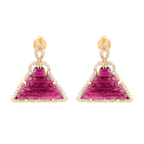 9.10 Ct Fancy Carving Natural Tourmaline 14K Gold Earrings