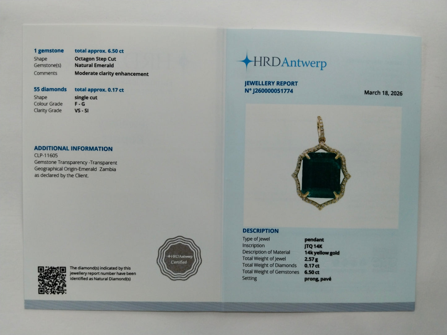 6.67 Ct Octagon Step Cut Natural Emerald 14K Gold Pendant