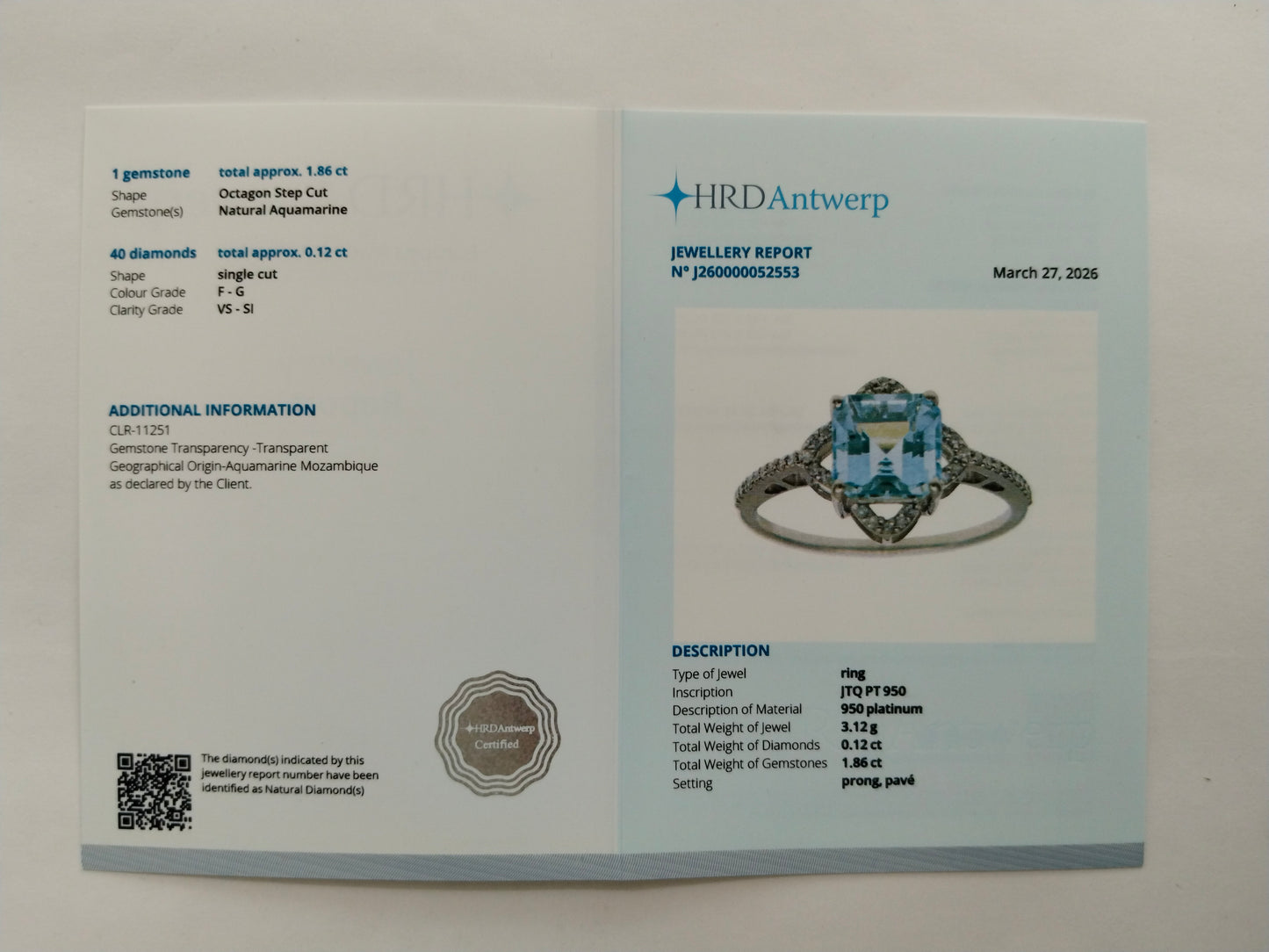1.98 Ct Octagon Step Cut Natural Aquamarine 950 Platinum Ring