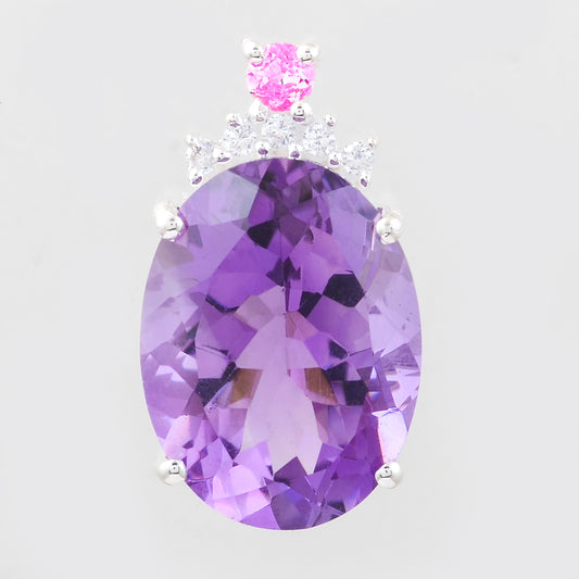 8.75 Ct Oval Amethyst, White Topaz, Cubic Zirconia 925 Sterling Silver Pendant