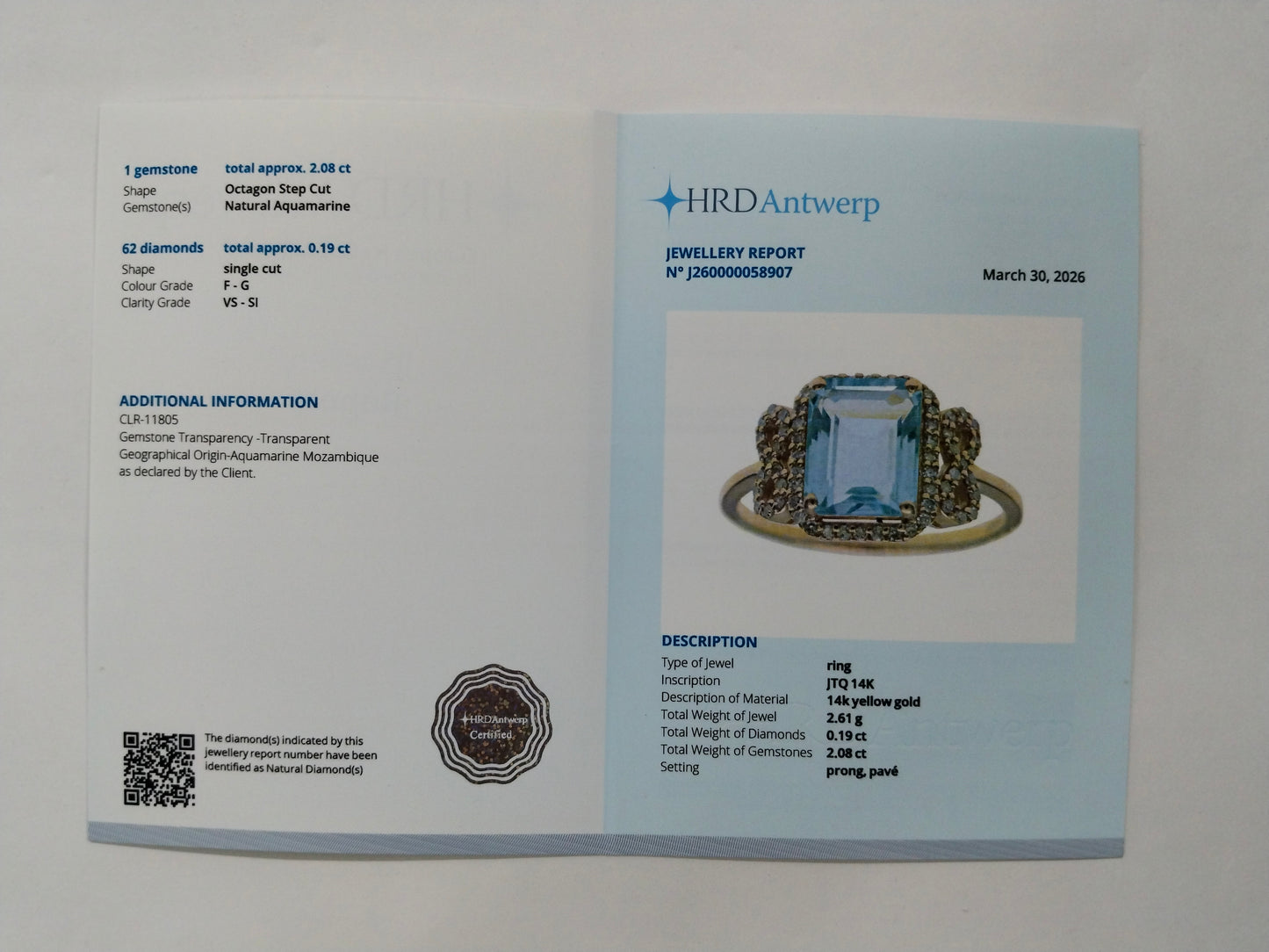 2.27 Ct Octagon Step Cut Natural Aquamarine 14K Gold Ring