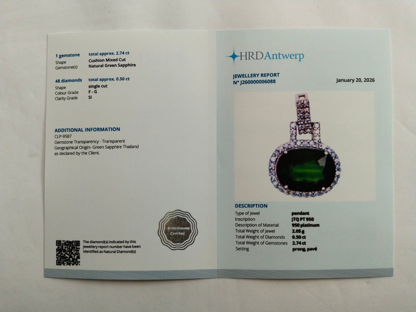 3.24 Ct Oval Mixed Cut Natural Green Sapphire 950 Platinum Pendant