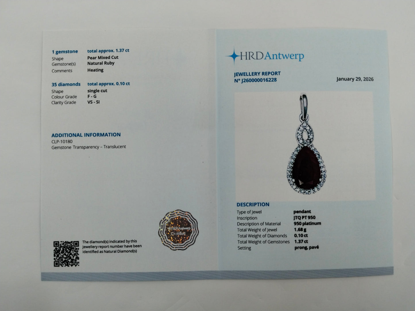 1.47 Ct Pear Mixed Cut Natural Ruby 950 Platinum Pendant