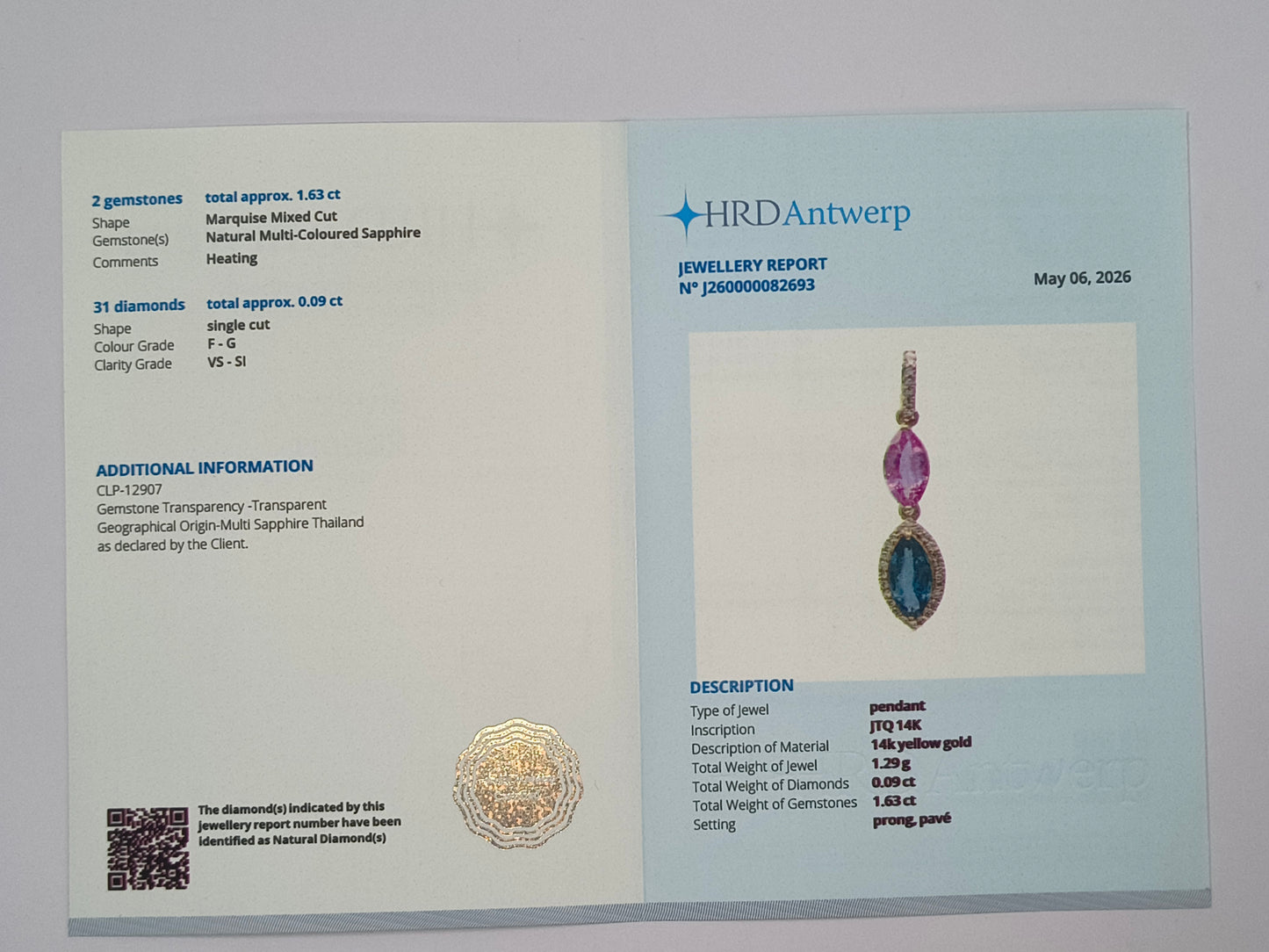 1.72 Ct Marquise Mixed Cut Natural Multi-Coloured Sapphire 14K Gold Pendant