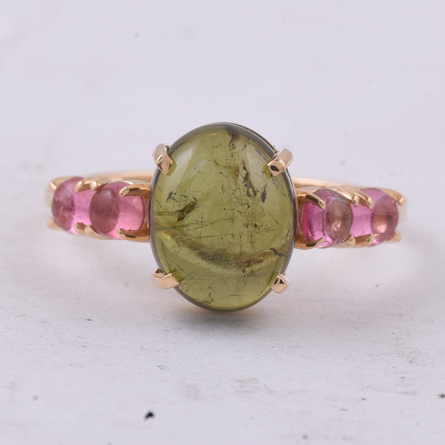 4.39 Ct Oval Cabochon Cut, Round Cabochon Cut Natural Multi-Coloured Tourmaline 14K Gold Ring