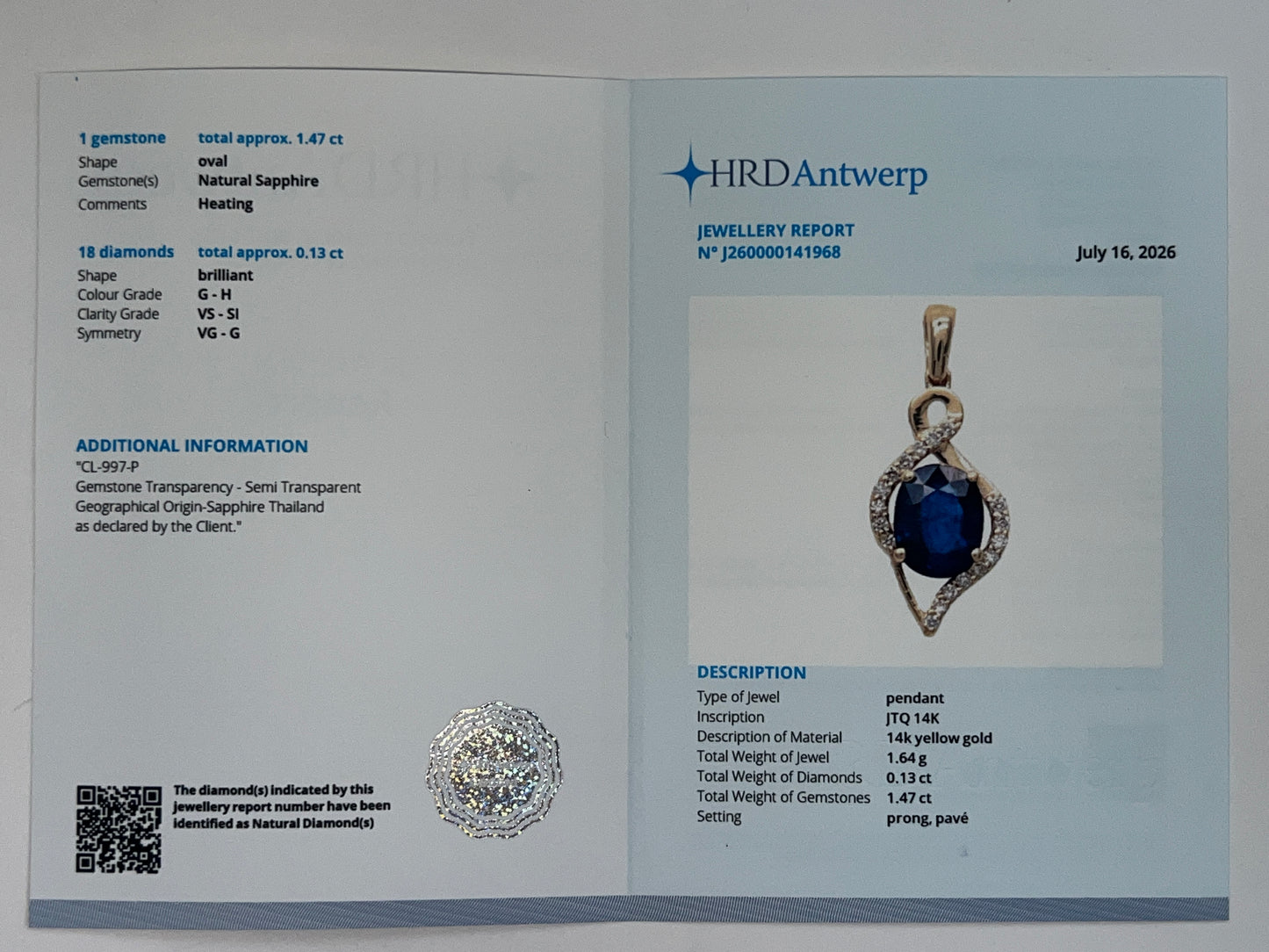 1.60 Ct Oval Natural Sapphire 14K Gold Pendant